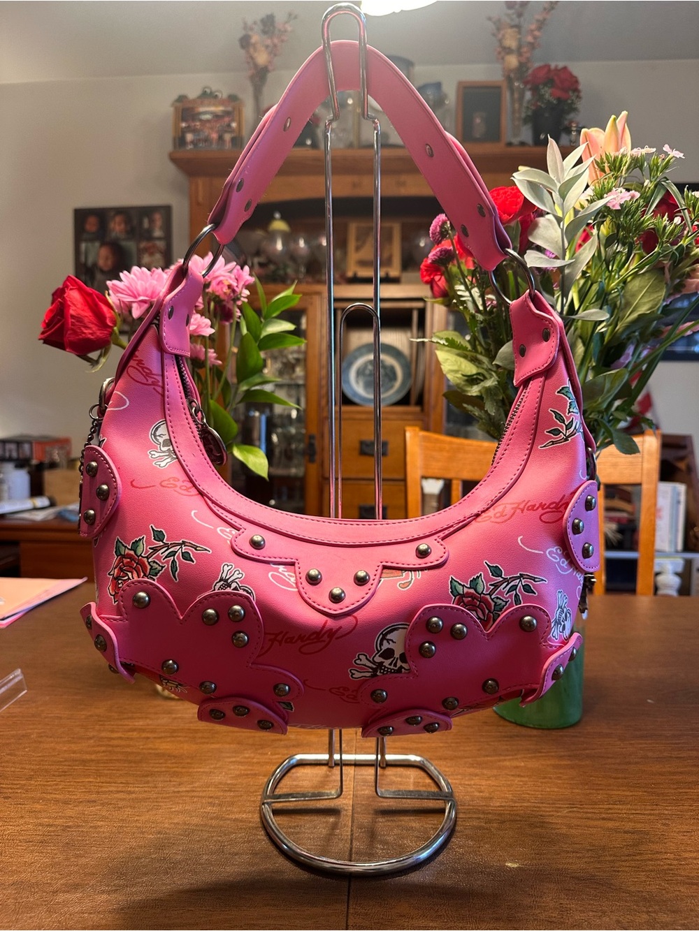 Ed Hardy Candy Pink Skulls and Hearts Hobo Shoulder Bag Women’s